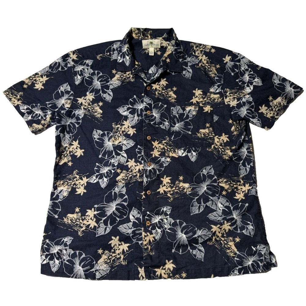 ISLAND SHORES Men‎ Size XL Blue LINEN Cotton Floral Tropical Button-Up Shirt